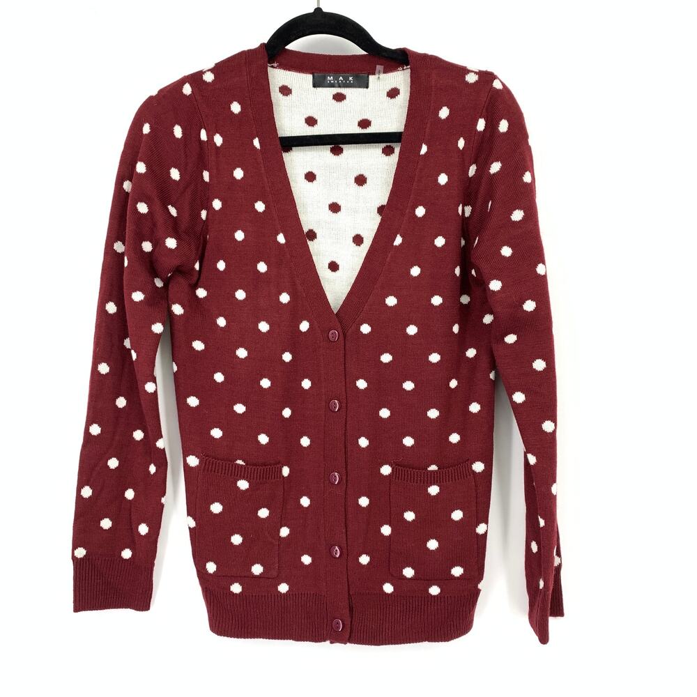 Modcloth MAK Cardigan Sweater Womens Sz Medium Red White Polka Dot V-Neck